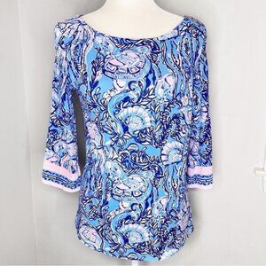 Lilly Pulitzer Waverly Top Lapis Lazuli Horseshoe Bay Pink Blue Shirt S